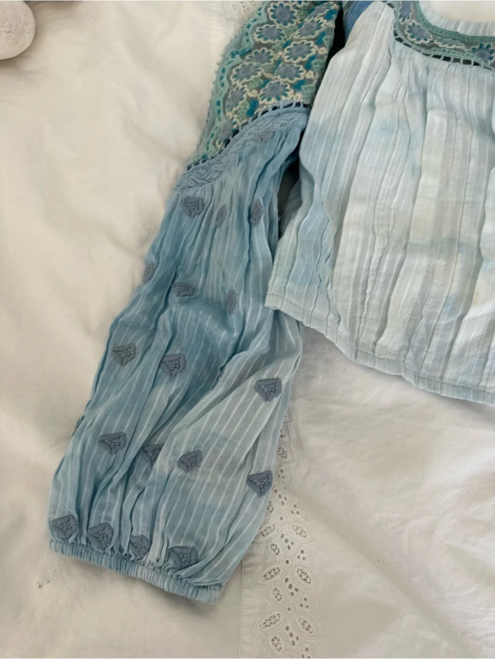LoveShackFancy Light Blue Embroidered Puff-Sleeve Crop Top